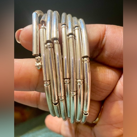 Silver Tone Stacked Memory Wrap Bangle Bracelet - Picture 5 of 5